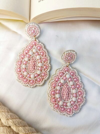 Handmade Earrings-Chic Beaded Pink & White Indian Style