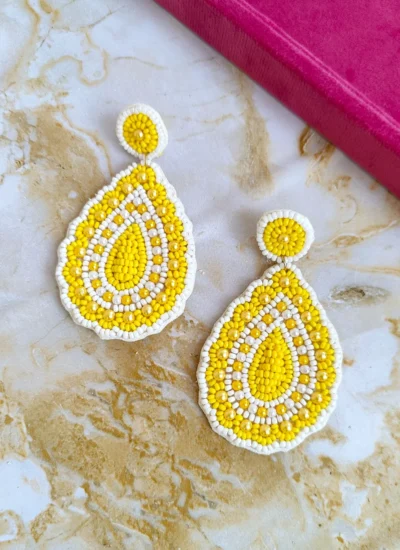 Handmade Earrings-Chic Beaded Yellow & White Indian Style