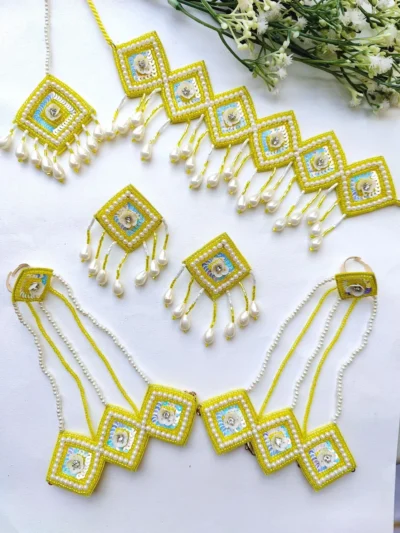 Yellow-White Handmade Beaded Jewellery Set for Haldi-Mehndi - Image 2